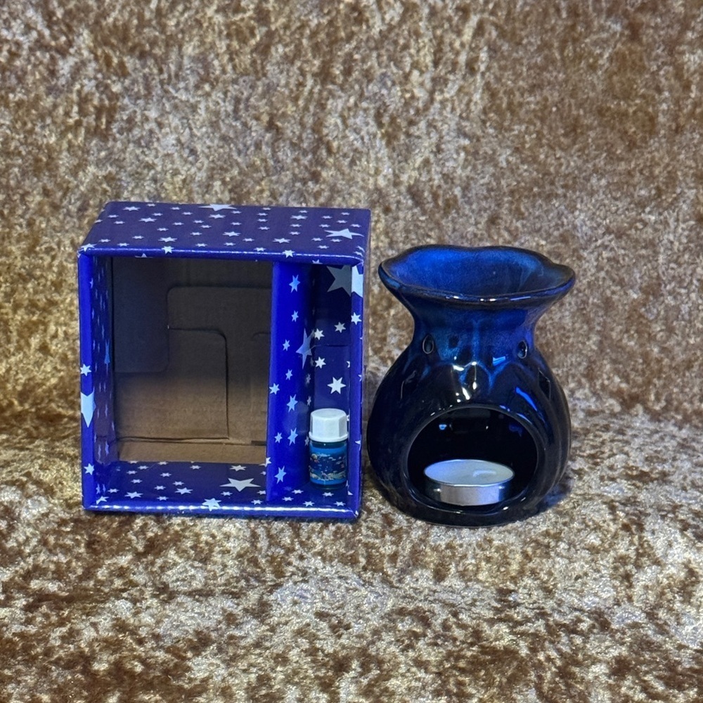 Porcelain Oil Burner Black Blue & Brown W/ 1 Tealight & Small Starter Oil Ocean